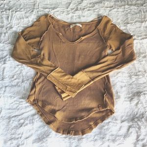 FREE PEOPLE, WE THE FREE, Sz S, V Neck, Long Sleeve, Golden, Ribbed, Fitted, Top
